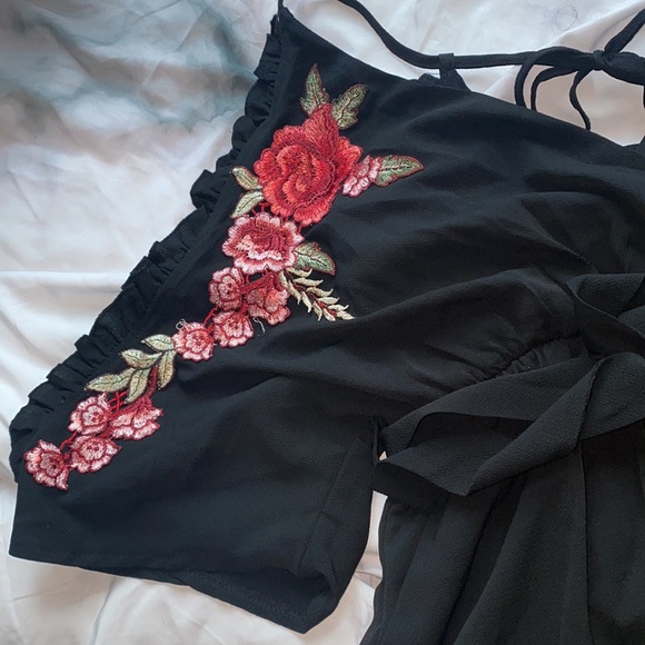 Black Romper With Embodied Rose Accents and Tie - Picture 5 of 7